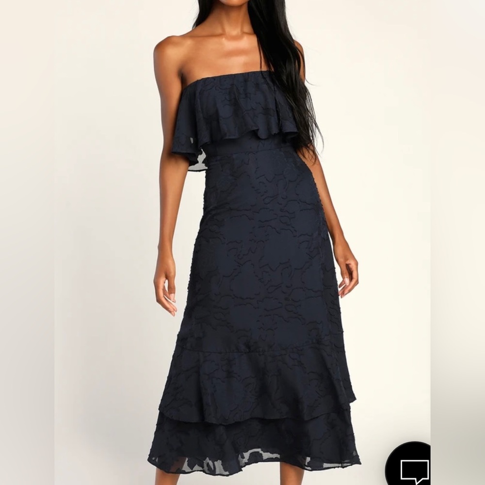 Love You So Truly Navy Blue Burnout Floral Strapless Midi Dress (large)